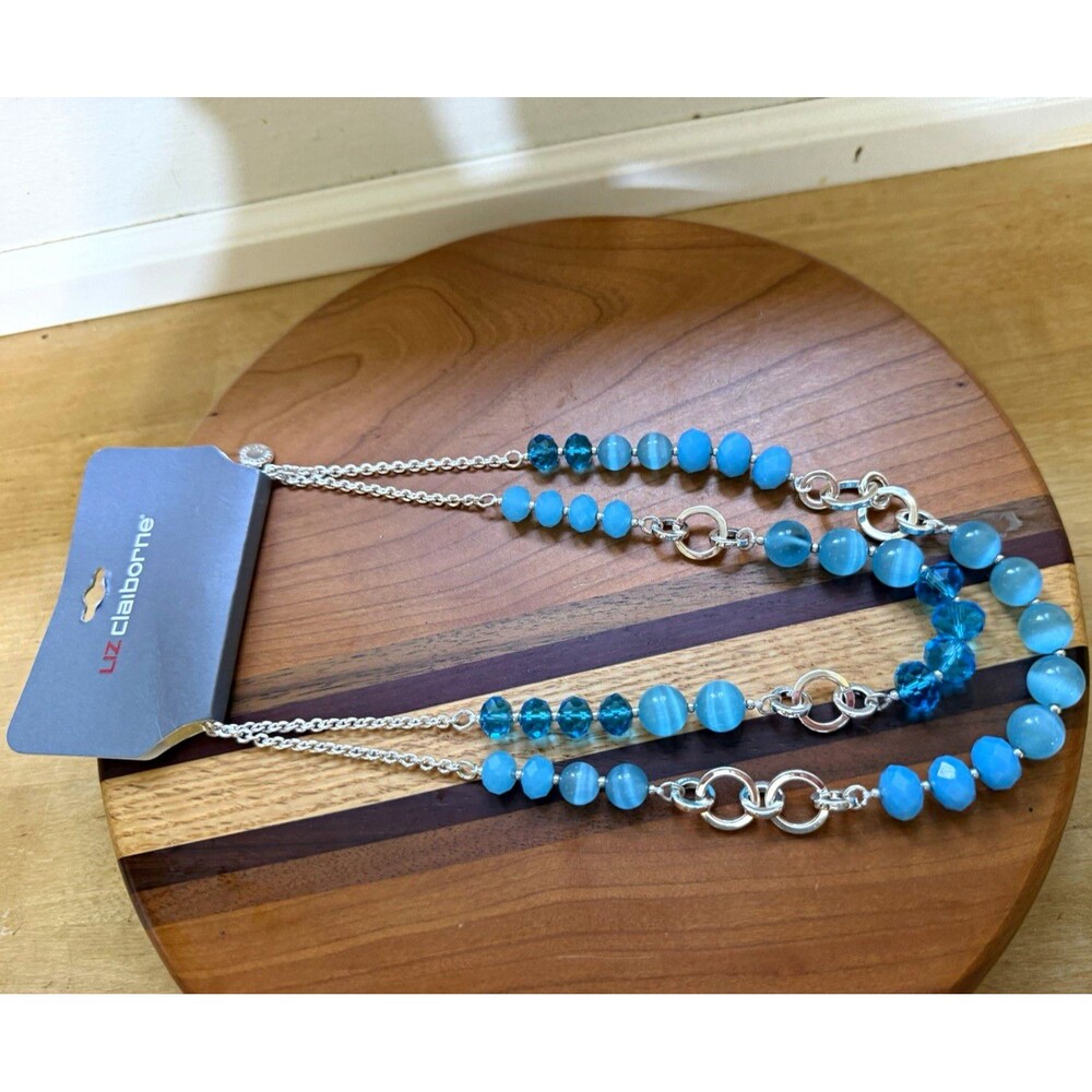 Liz Claiborne Signed Layered Blue Glass Beaded Cable Chain Necklace Lobster